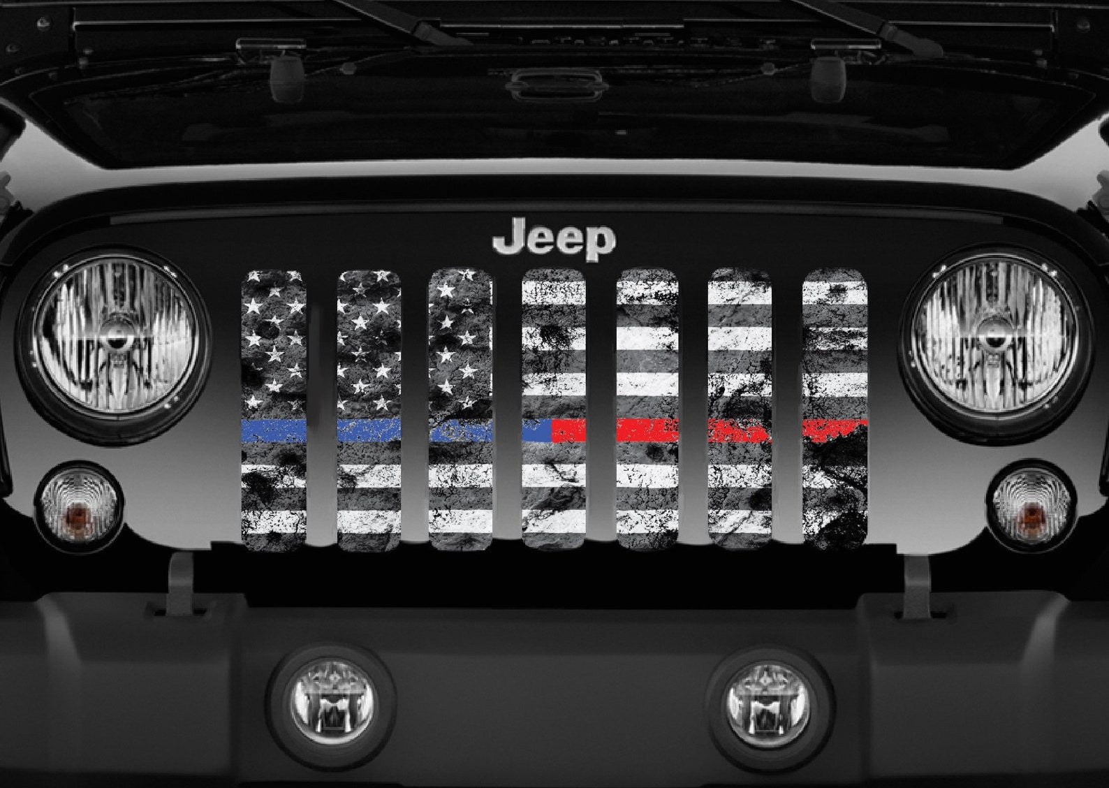 Tactical Back the Blue and Red American Flag Jeep Grille Insert