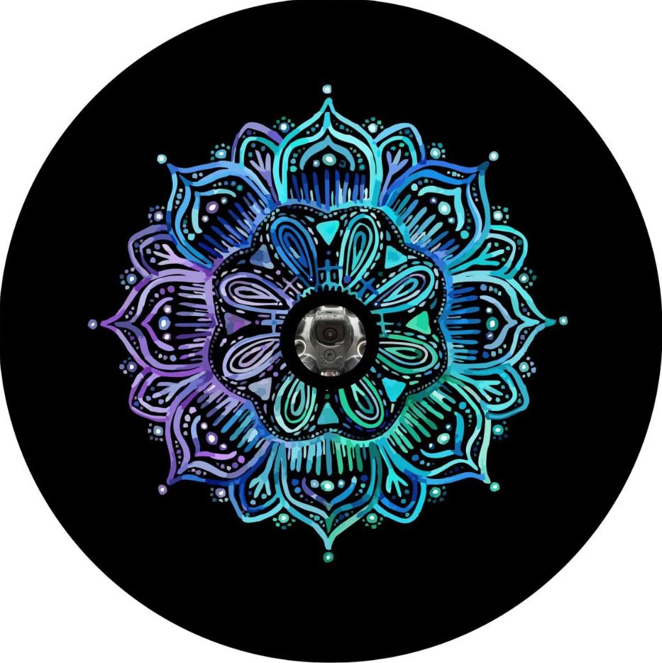 Teal and purple mandala flower design for a black vinyl spare tire cover for Jeep, Bronco, RV, trailers, campers, and more with back up camera