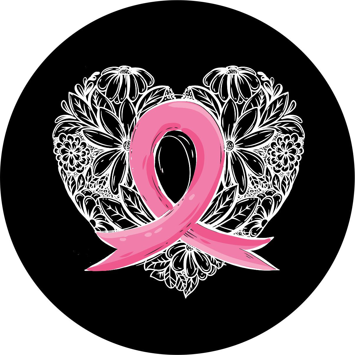 Spare tire cover design on black vinyl of a pink breast cancer ribbon inside a beautiful hand drawn heart of florals