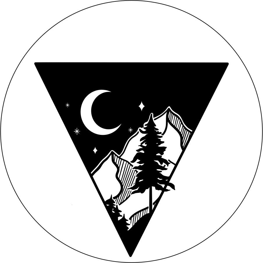 An upside down triangle with a graphic of a mountain peek the moon and a tree for a white vinyl spare tire cover for Jeep, Bronco, etc.  