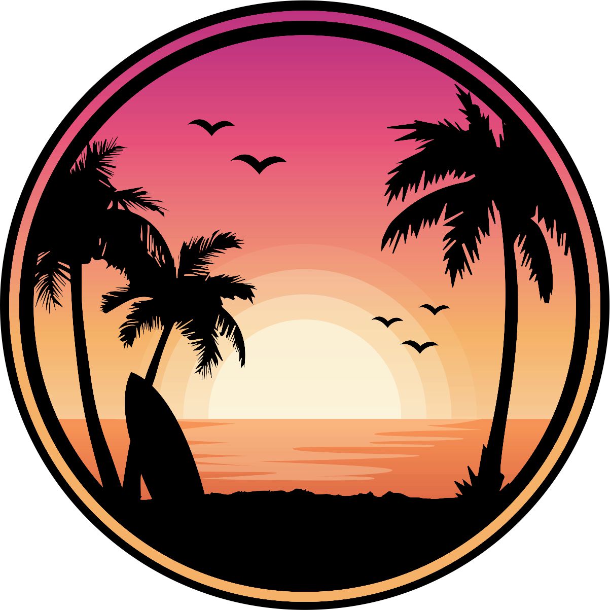 Sunset sky over a tropical paradise beautiful spare tire cover for vinyl. Palm tree silhouettes, surfboard, and the sun's colors on the sky and water.