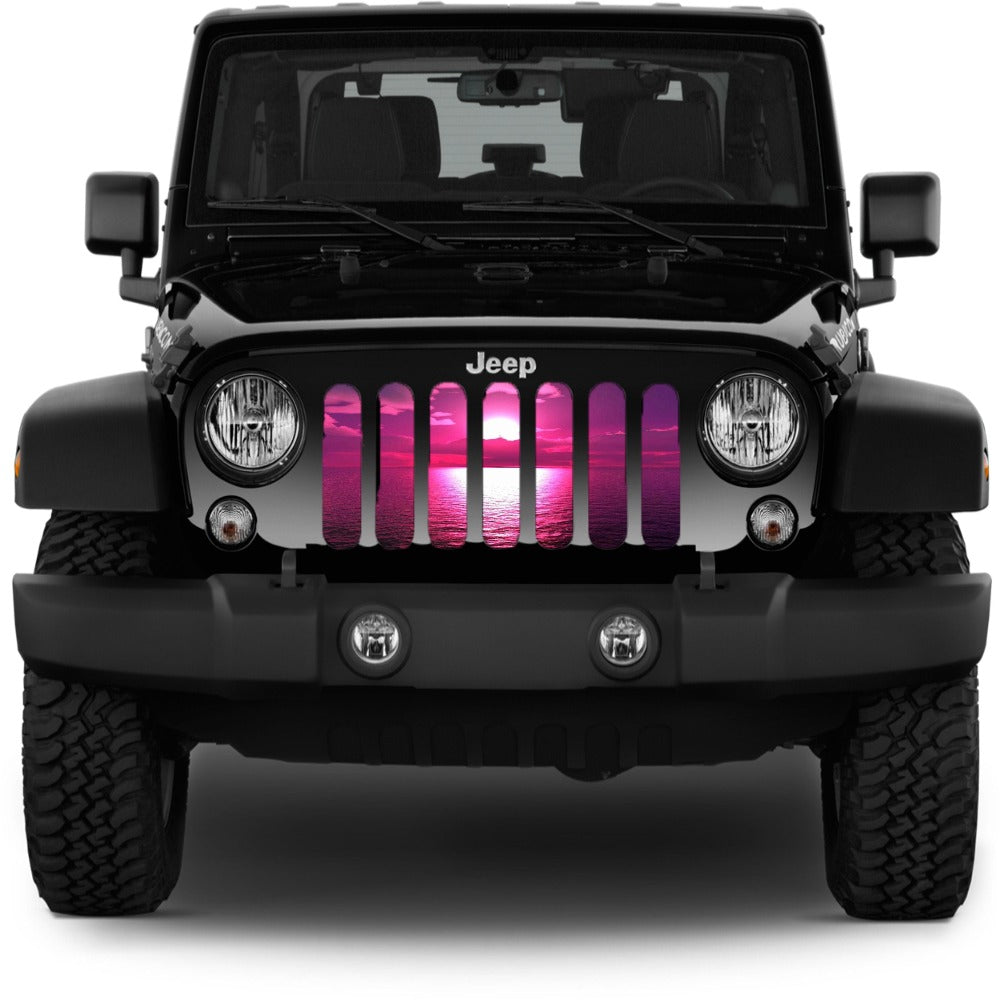 Jeep grille insert of a beach scene sunset in Tuscadero pink color tone 