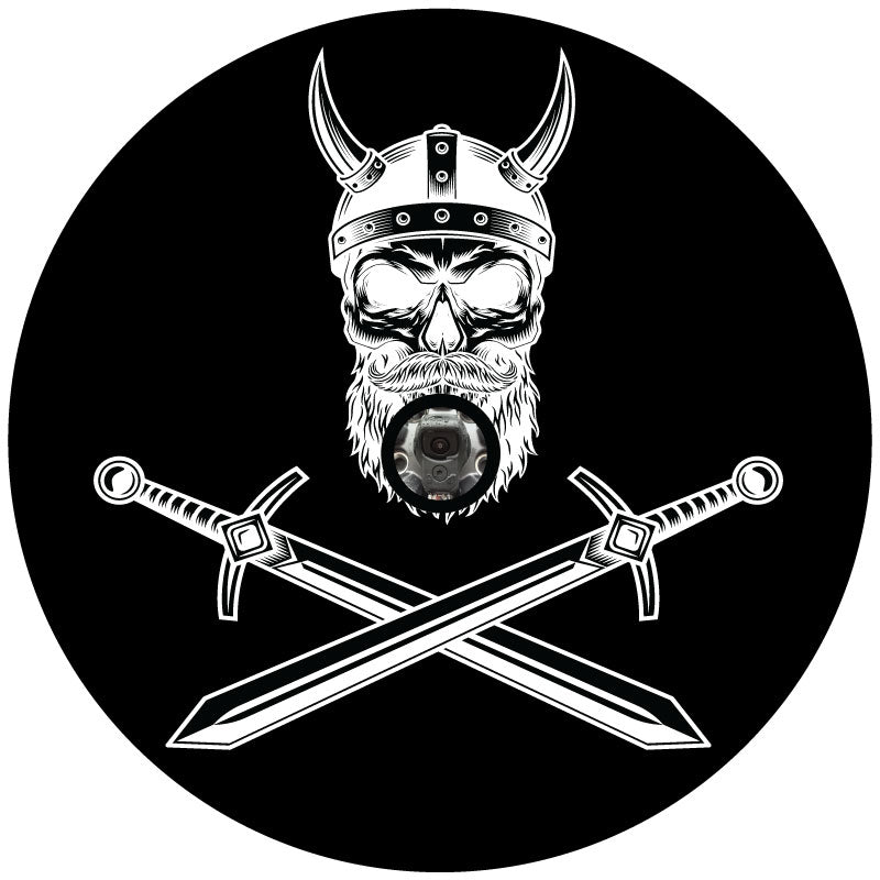 Nordic Viking Warrior skull with cross swords in dark gray black on white vinyl spare tire cover for Jeep, Bronco, RV, and more with JL back up camera design