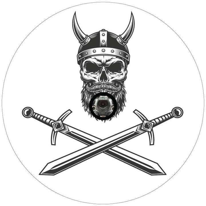 Nordic Viking Warrior skull with cross swords in dark gray black on white vinyl spare tire cover for Jeep, Bronco, RV, and more with JL back up camera design