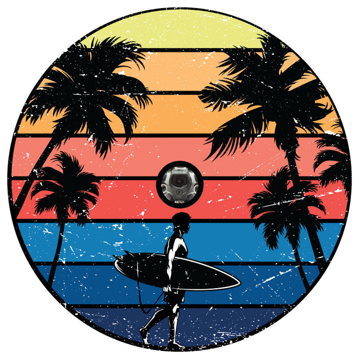 Retro vintage unique spare tire cover with a surfer and palm trees and a multicolored background replicating the colors of a sunset and the ocean with JL back up camera design