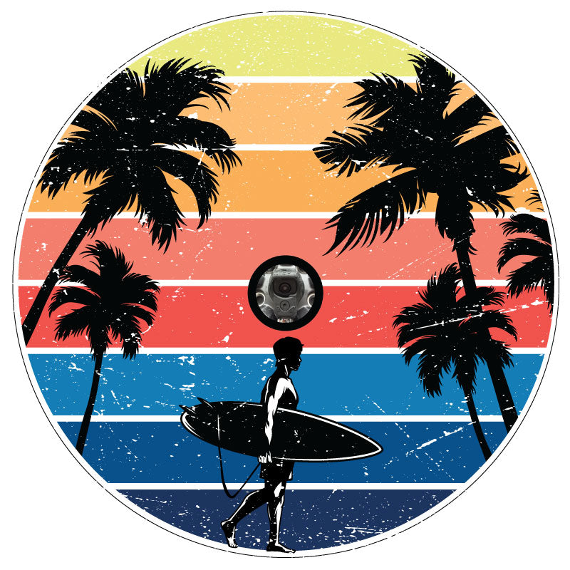 Retro vintage unique spare tire cover with a surfer and palm trees and a multicolored background replicating the colors of a sunset and the ocean with JL back up camera design on white vinyl