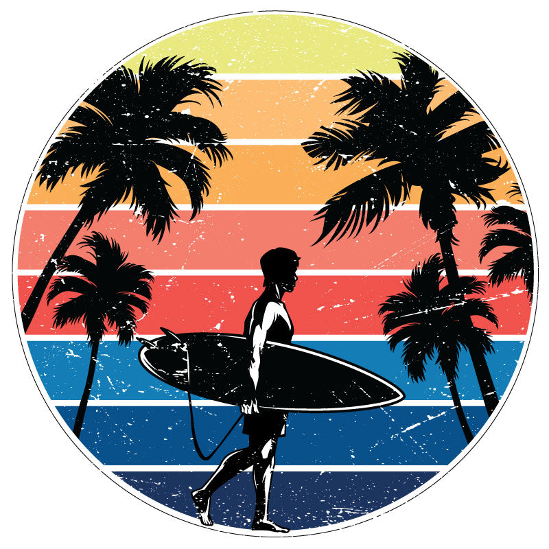 Retro vintage unique spare tire cover with a surfer and palm trees and a multicolored background replicating the colors of a sunset and the ocean on white vinyl