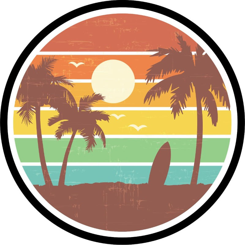 Vintage red, orange, yellow, green, blue striped background and the silhouette of palm trees and a surfboard in the sand with seagulls flying tropical scene spare tire cover design.
