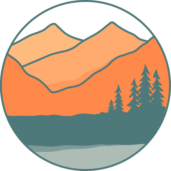 Spare tire cover prototype of a silhouette of mountains and trees and orange and teal colors for a vintage simple designed spare tire cover