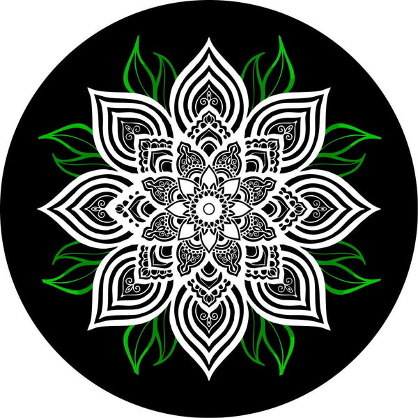 White Mandala Flower with Green Leaves