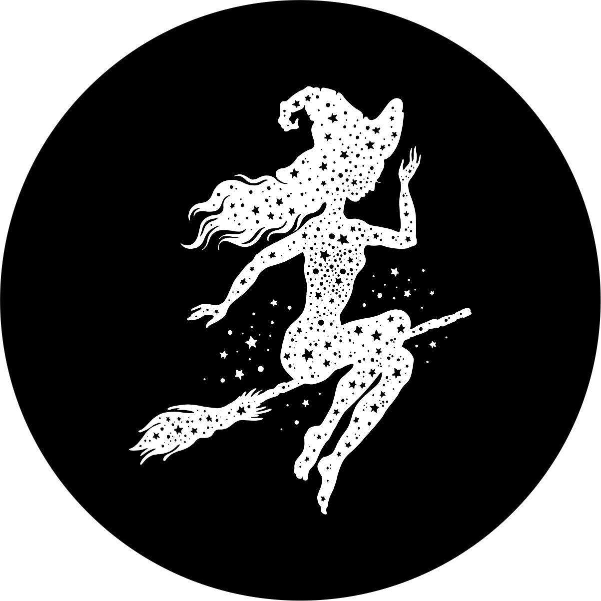 Stars fill the silhouette of a witch sitting upon and flying on a broom stick design spare tire cover for Jeep, Camper, RV, Bronco, Van, and more.