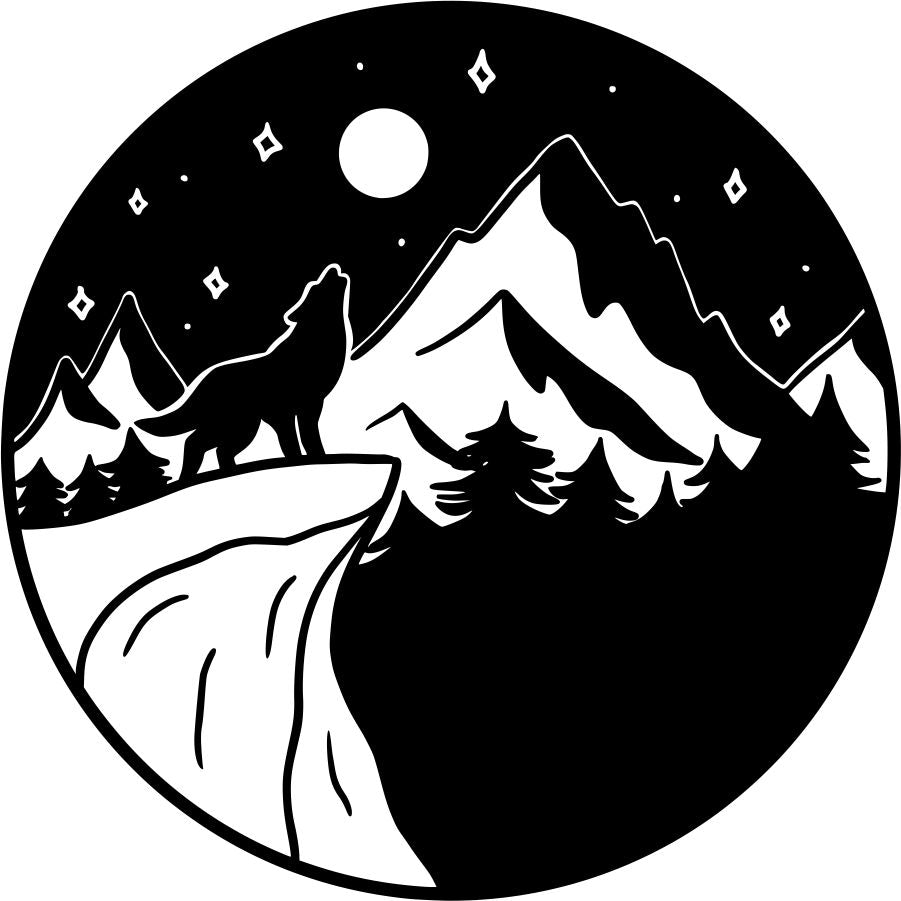 Spare tire cover for a Jeep, Bronco, RV, Camper, Trailer, or other vehicle with a silhouette graphic of a wolf howling at the moon on a mountainside 