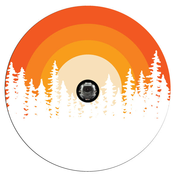 Ombre sunset on the horizon in the woods spare tire cover for RV, Jeep, Bronco, Wrangler, Camper, and more for white vinyl with space for back up camera