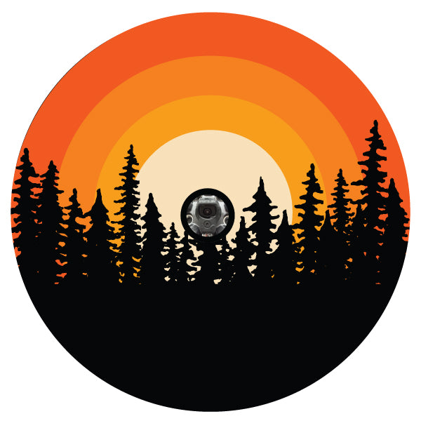 Ombre sunset on the horizon in the woods spare tire cover for RV, Jeep, Bronco, Wrangler, Camper, and more with back up camera for JL back up camera design