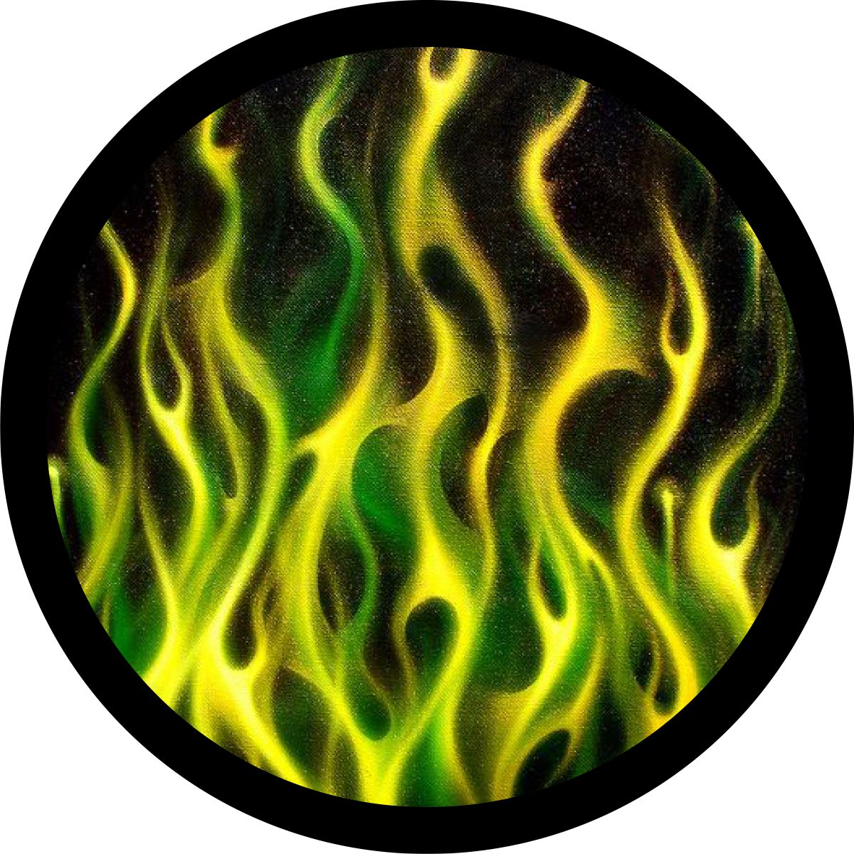 Flames spare tire cover for High Velocity Yellow Jeep Wranglers and Hella Yella. Yellow flames spare tire cover is great for Broncos, RV, campers. and more.