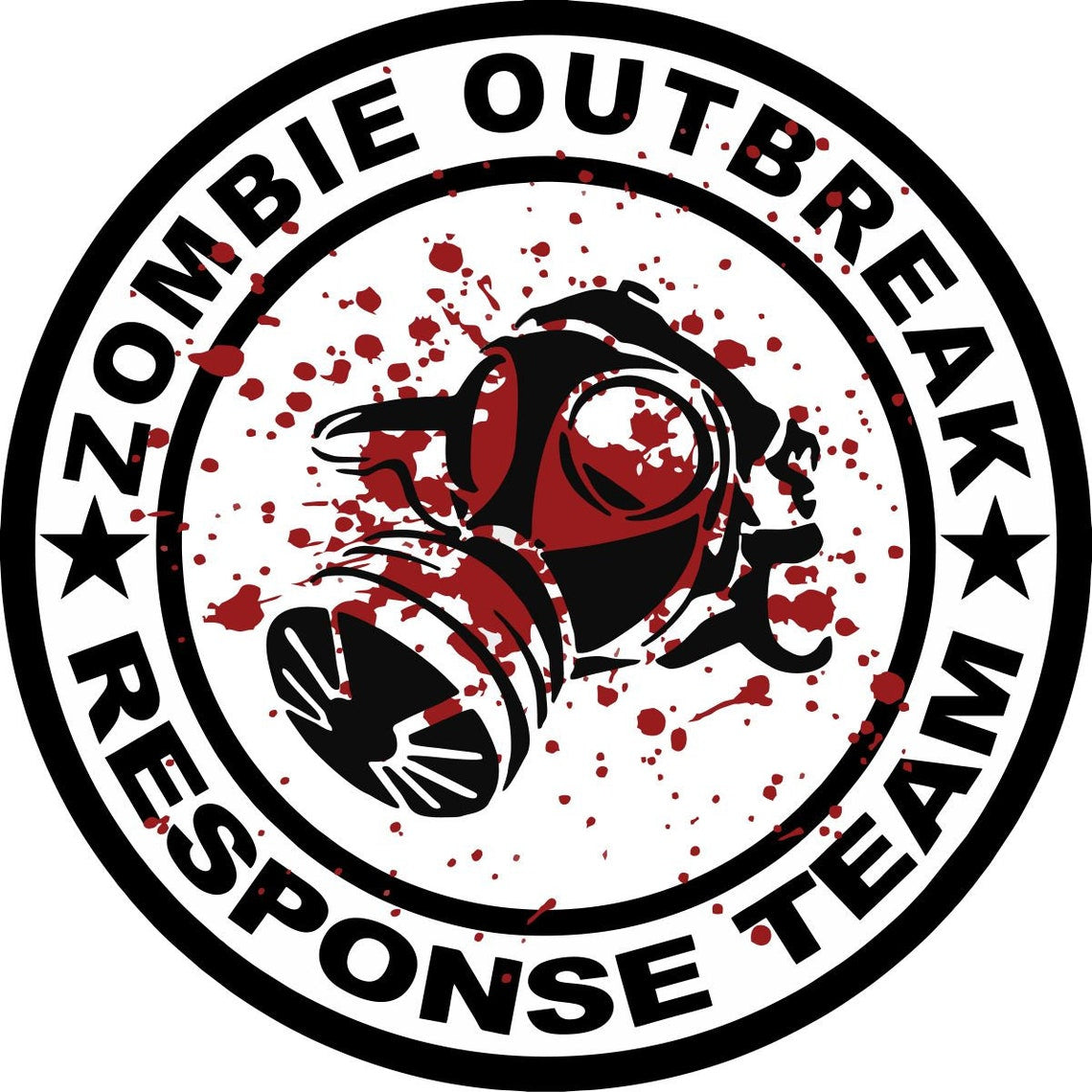 Gas mask graphic with blood splattered and zombie outbreak response team written on the edge spare tire cover for Jeep, RV, Bronco, Camper and more