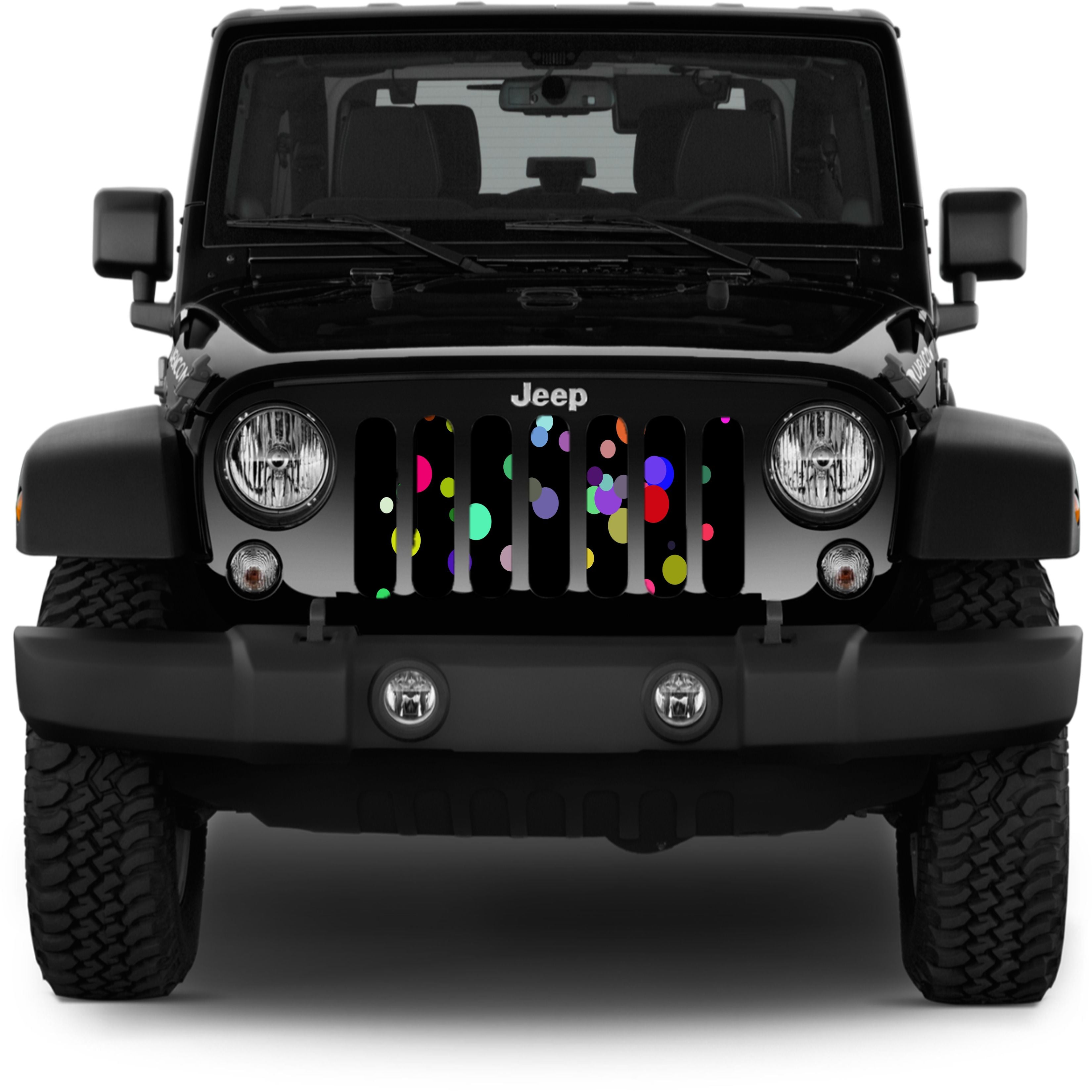 Add a pop of color with this multicolored polka dot design grille insert for Jeep. 