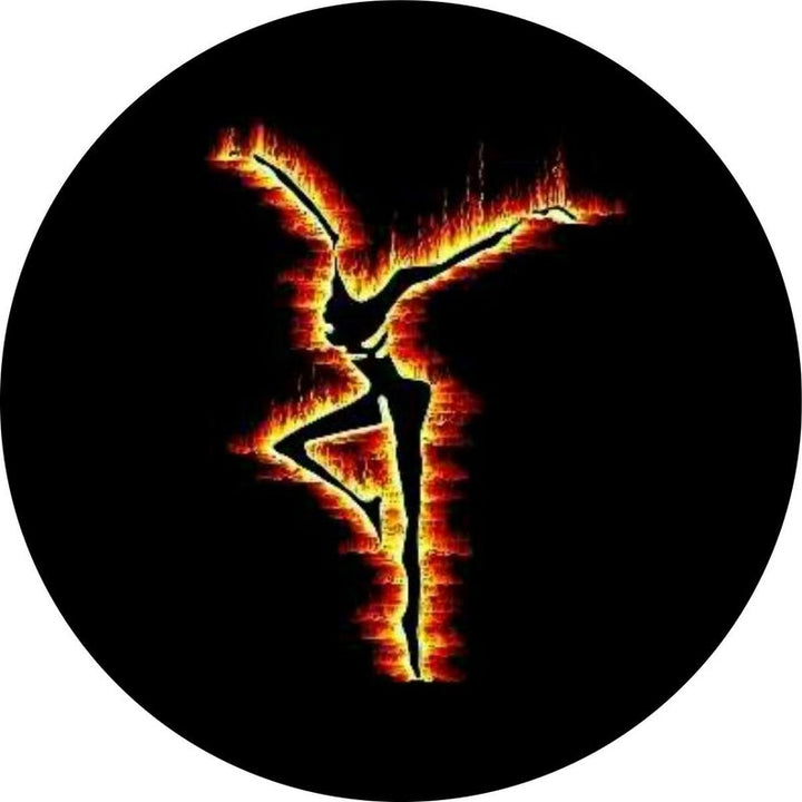 A mock up spare tire cover design for a custom made to order black vinyl spare tire cover design with the Dave Matthews Band Fire Dancer logo