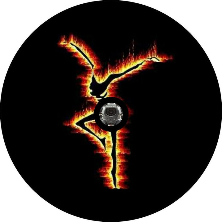 A mock up spare tire cover design for a custom made to order black vinyl spare tire cover design with the Dave Matthews Band Fire Dancer logo and a center hole to fit spare wheels with back up cameras