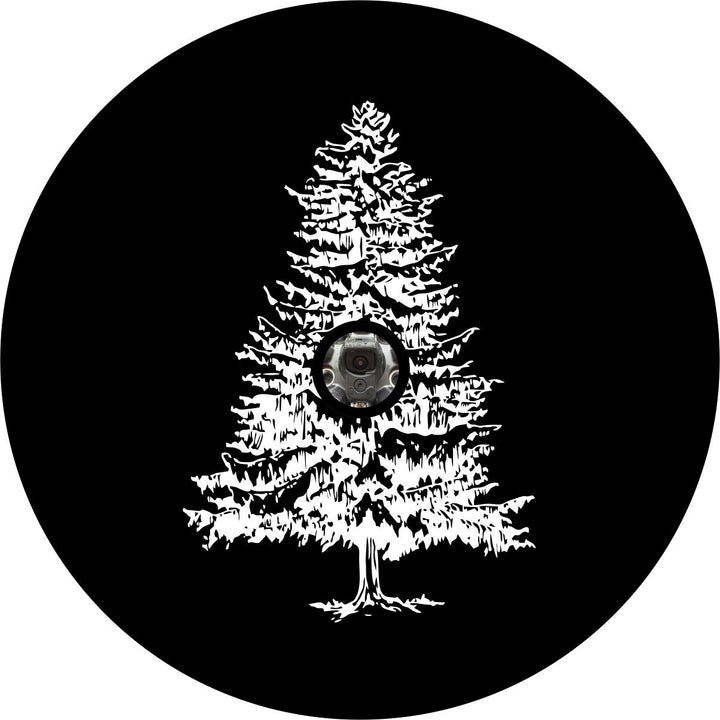 Back up camera spare tire cover designs. Simple Christmas tree silhouette on black vinyl holiday spare tire cover for Jeep, RV, Bronco, camper, trailer, and more.