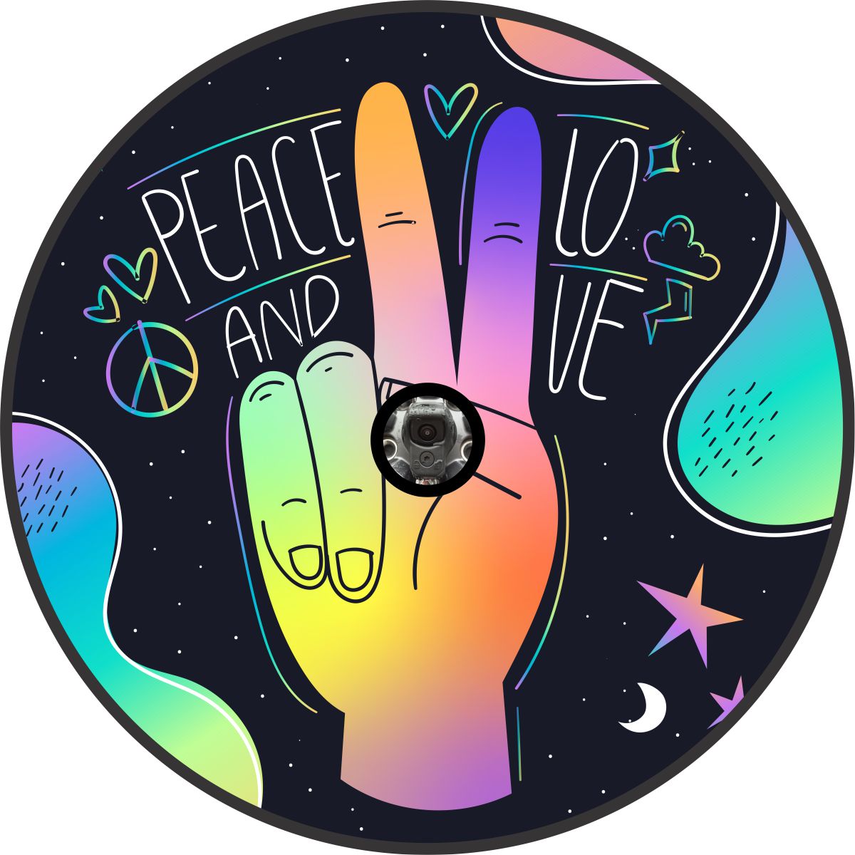 Ombre bright colors of a hand throwing a peace sign and the saying peace and love written out as a spare tire cover design with a back up camera hole.
