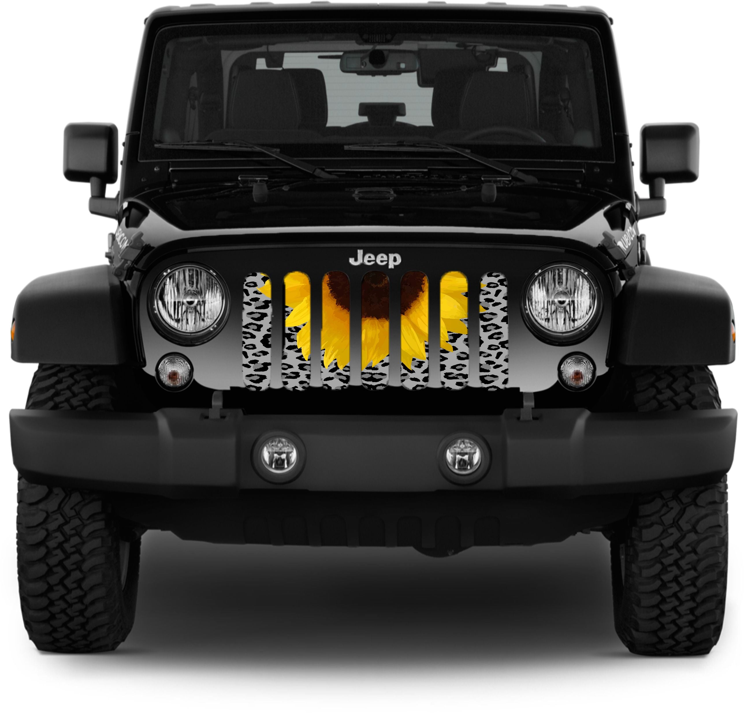 Gray Leopard Cheetah Animal Print with a bright yellow Sunflower Jeep Grille Insert
