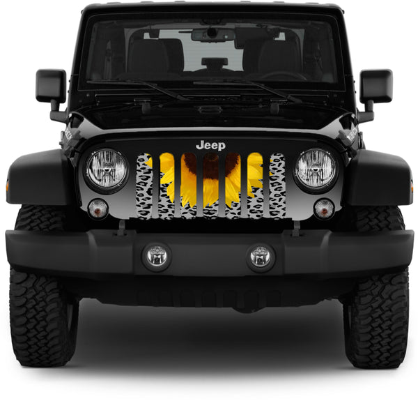 Gray Leopard Cheetah Animal Print with a bright yellow Sunflower Jeep Grille Insert