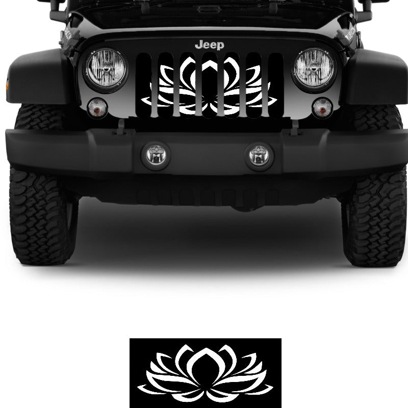 Close up look at a lotus flower image insert design for a Jeep grille. Custom Jeep grille insert lotus flower prototype on a black Jeep wrangler