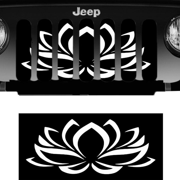 Close up view of a Lotus flower image insert design for a Jeep grille. Custom Jeep grille insert lotus flower prototype on a black Jeep wrangler