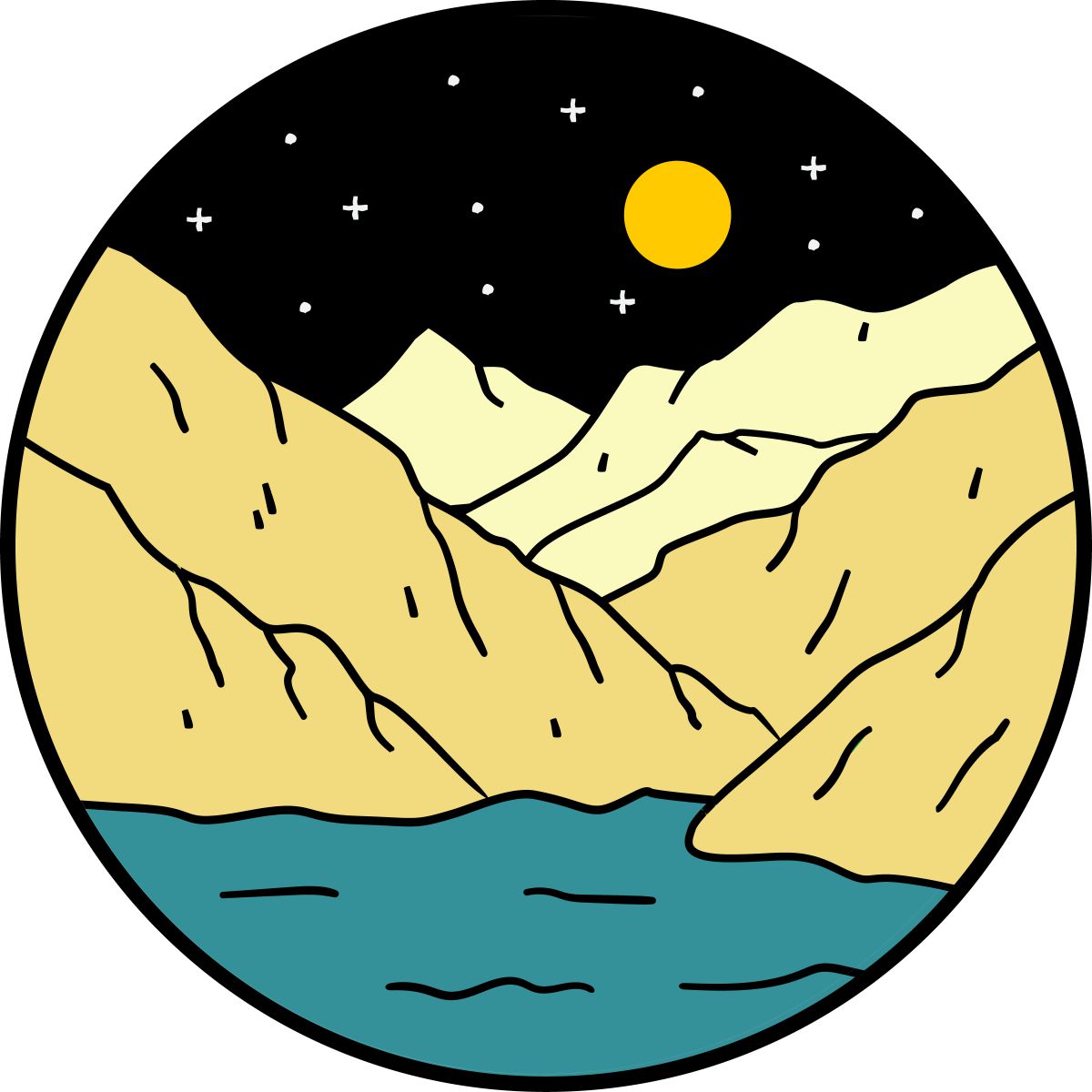 Graphic designed spare tire cover with mountains and water under the dark starry moonlit sky.