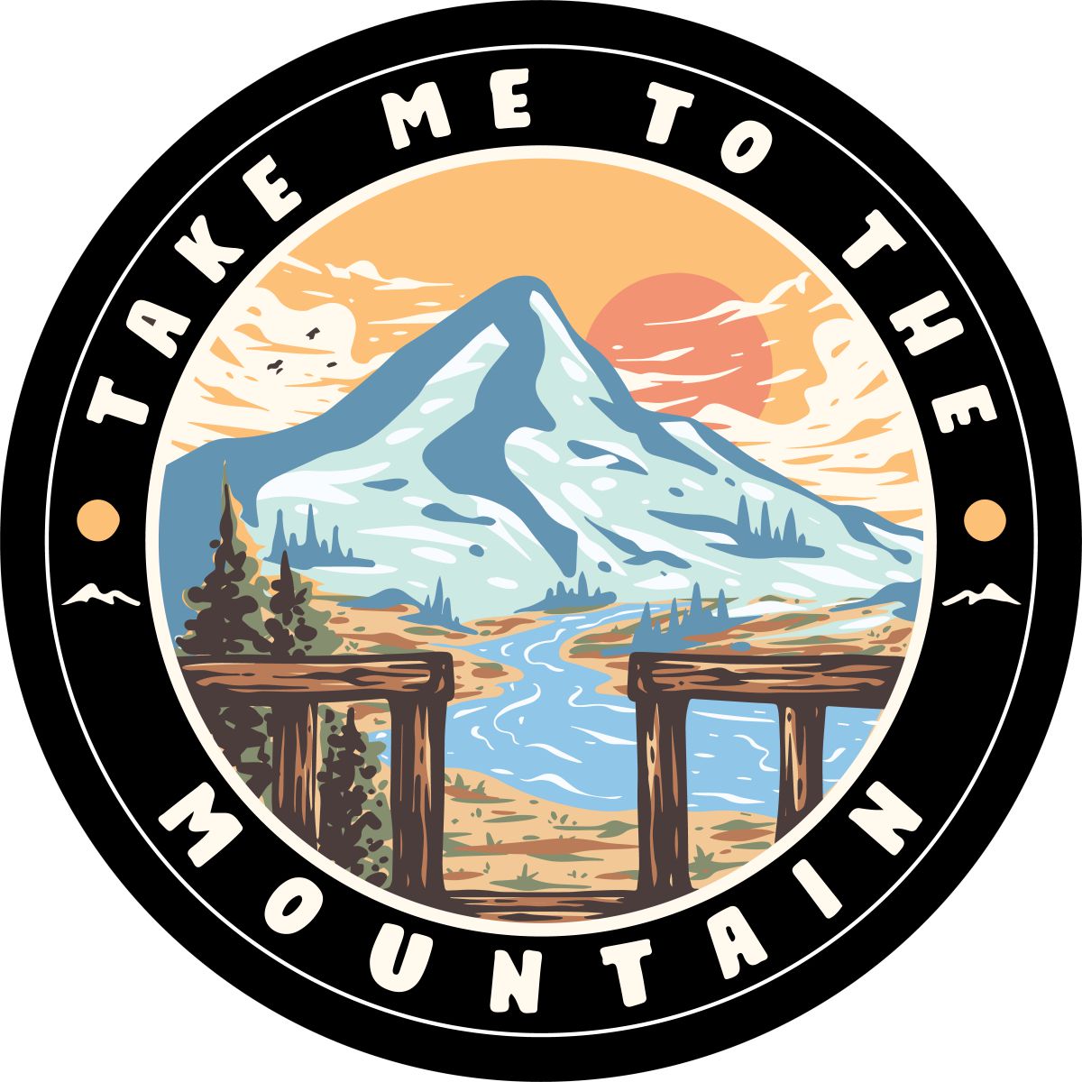 Mountain and river landscape creative spare tire cover with the words take me to the mountain on the edge.  This is a unique wheel cover for Jeeps, Broncos, RV, campers, and more