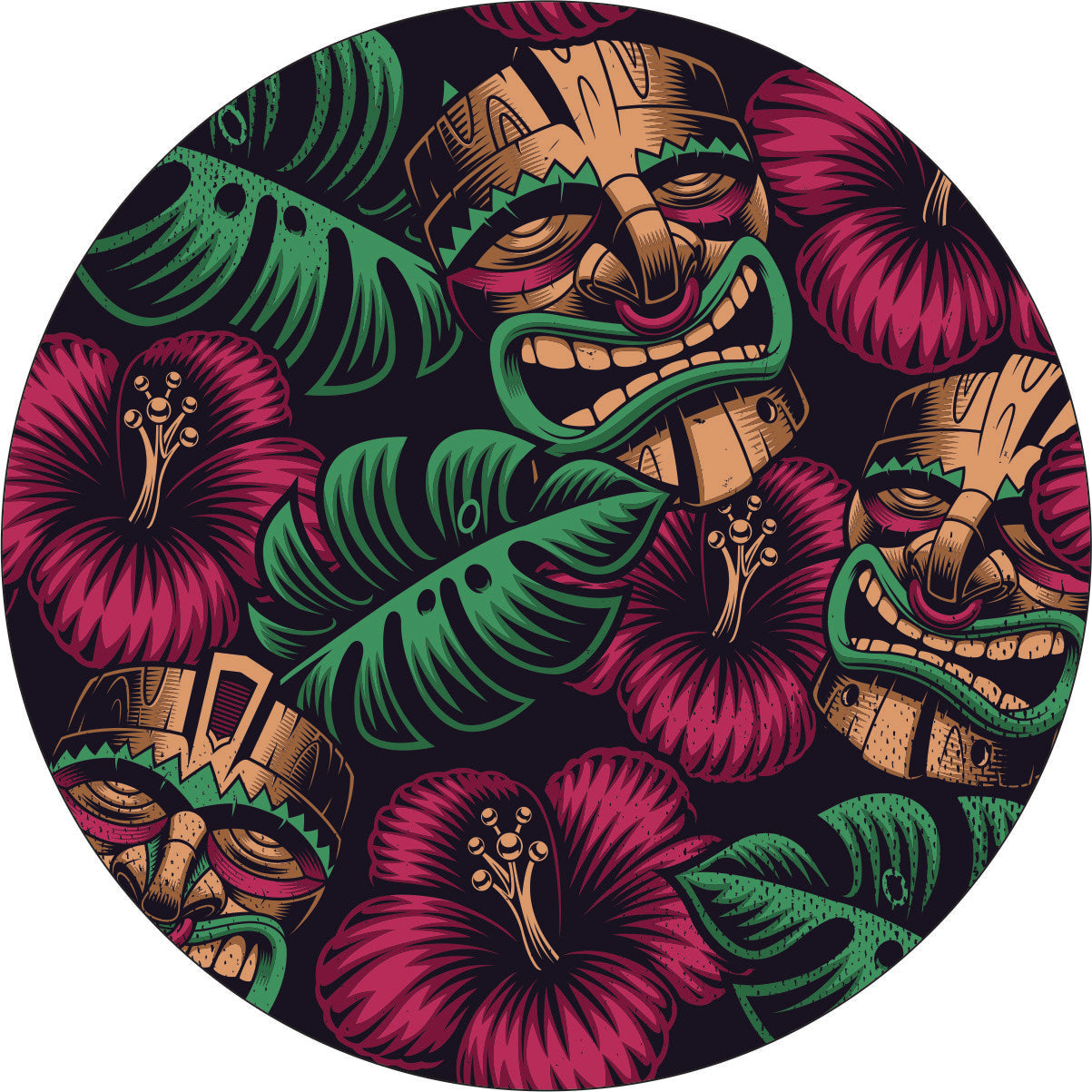 Hibiscus flowers and tiki mask pattern custom made to order spare tire cover design for black vinyl wheel covers on Jeeps, RV, Campers, Trailers, Broncos and more