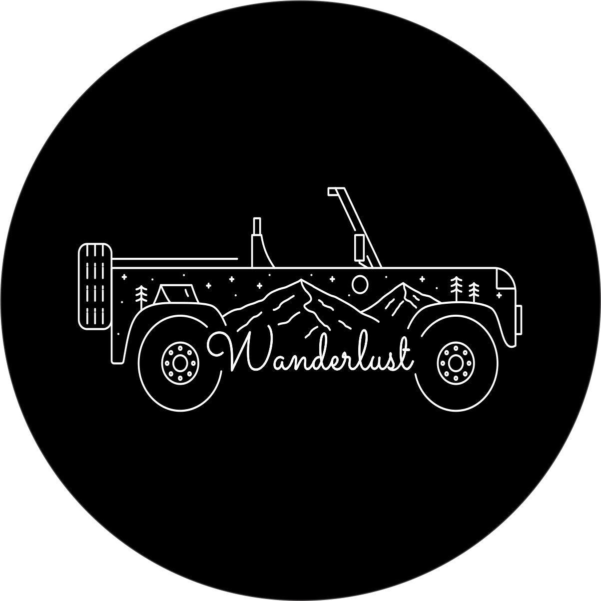 Wanderlust spare tire cover. Thin line simple and unique SUV with mountains and the word wanderlust spare tire cover for Jeep, Bronco, camper, RV, trailer, and more